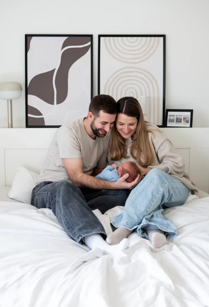 Kleiner Babyfuß auf dem Arm des Vaters