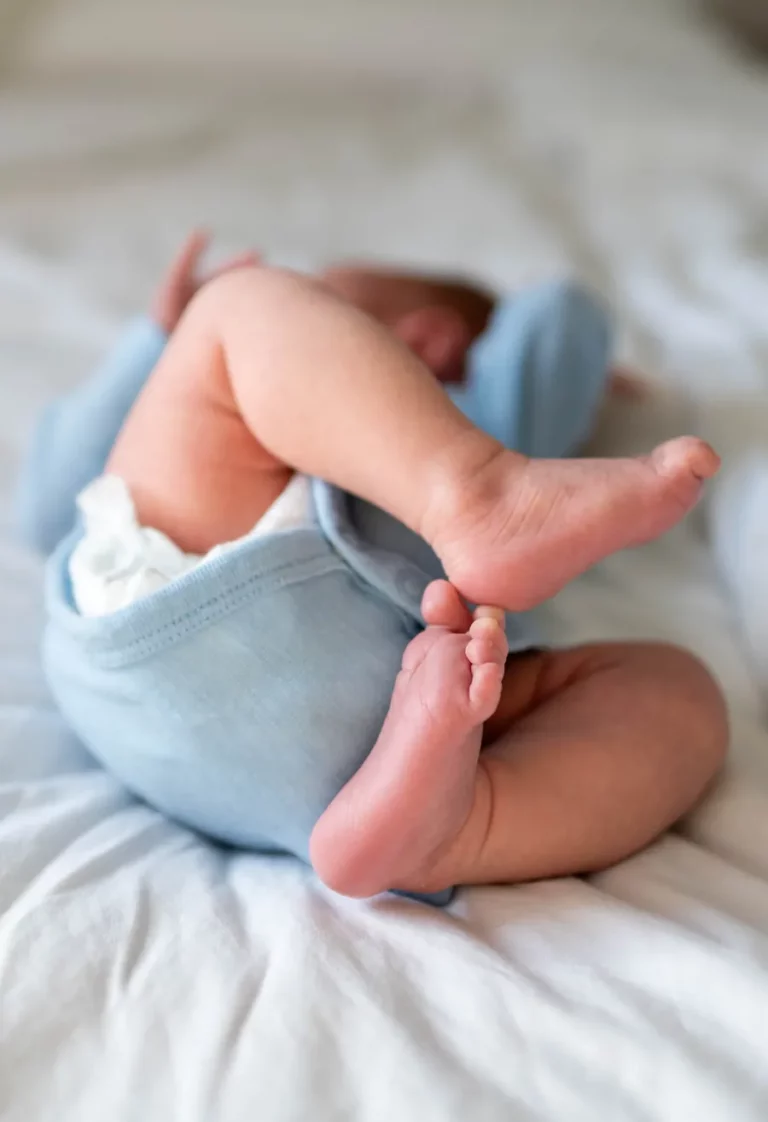 Baby in hellblauem Body mit sichtbaren Füßen auf einer hellen Decke