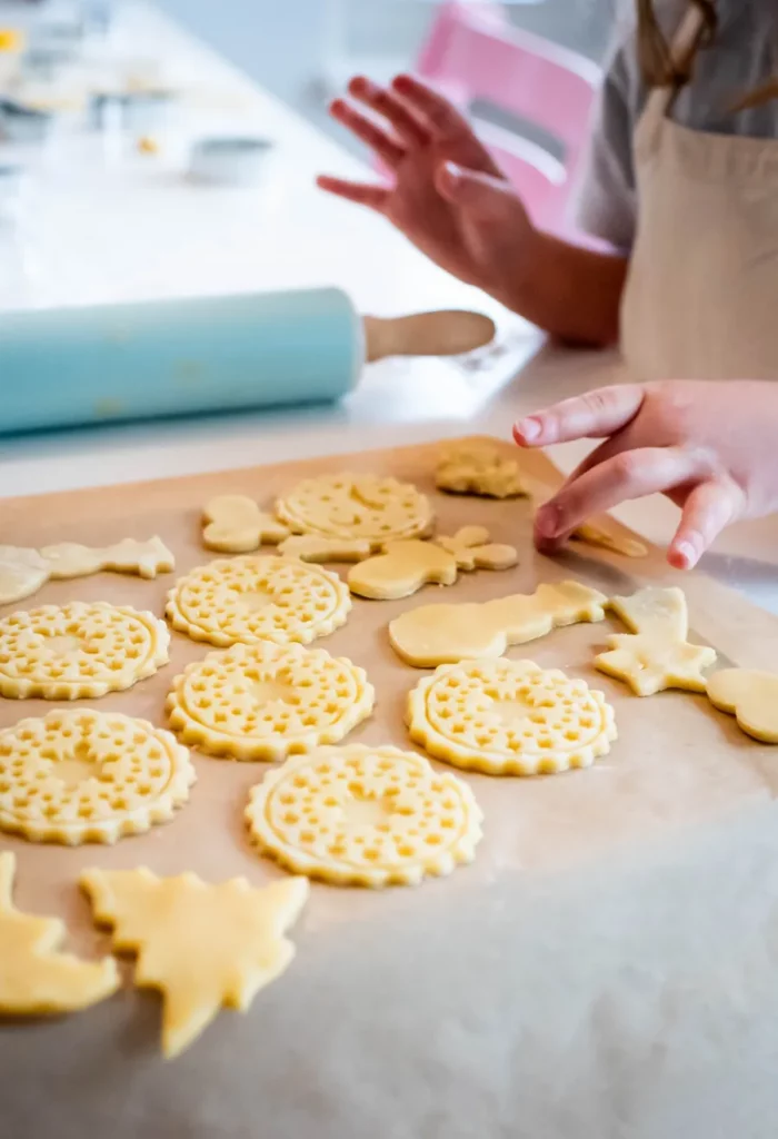 Ausgestochene Plätzchen und Kinderhände auf Backpapier